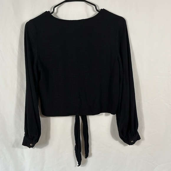 H&M Tie Front Button Up V Neck Black Shirt | Size 2 - Picture 2 of 4